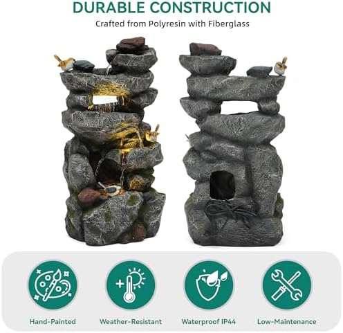 31.5" Multi-Tier Rock Outdoor Water Fountain with LED Lights, Cascading Waterfall with Birds for Garden Patio Porch, Weather-Resistant Resin Water Feature for Tranquil Oasis - Image 5