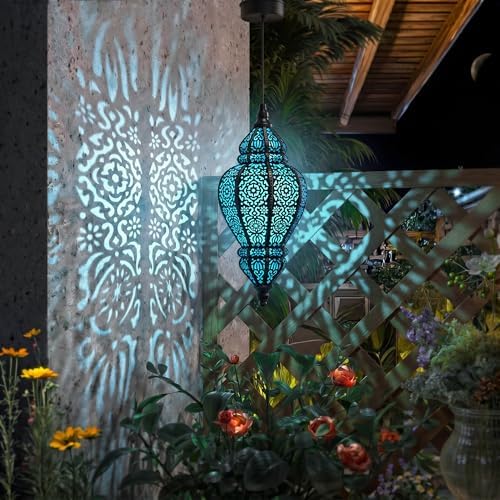 Moroccan Hanging Solar Lights Outdoor Lantern Bidirectional Availabili Garden Decor Waterproof Plastic Blue Decorations for Patio Pathway Yard Backyard Solar Powered Garden Decorative (Black, 1) - Image 2