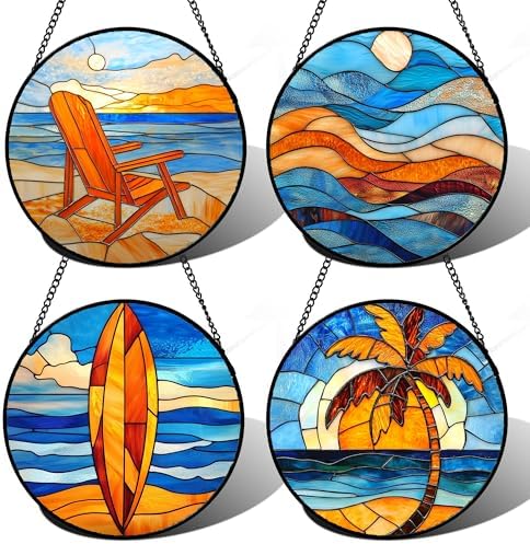 DASTOLL Stained Glass Window Hanging 4 Pcs Set Blue Orange Ocean Beach Theme 9.8" - Suncatcher Door Garden Sun Catcher Decor Birthday Christmas for Mom Woman Nana Men Wife by DASTOLL