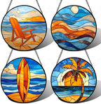 DASTOLL Stained Glass Window Hanging 4 Pcs Set Blue Orange Ocean Beach Theme 6.3" - Suncatcher Door Garden Sun Catcher Decor Birthday Christmas for Mom Woman Nana Men Wife by DASTOLL