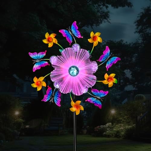 44" Butterfly Wind Spinners Garden Stake, Solar Flower Butterfly Wind Sculpture Yard Art Decorations for Lawn, Patio & Yard & Garden Decor, Metal Whirligigs Wind Spinners Outdoor Decor by Unknown