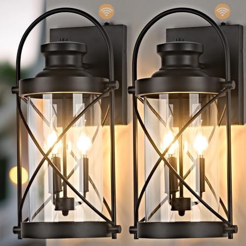 22inch Large Dusk to Dawn Outdoor Wall Lights Fixtures, Waterproof Exterior Lighting Fixtures with Photocell Sensor,Vintage Black Metal Cage Lantern Outside Lights for Porch Patio House Garage（2 Pack） by OKELI