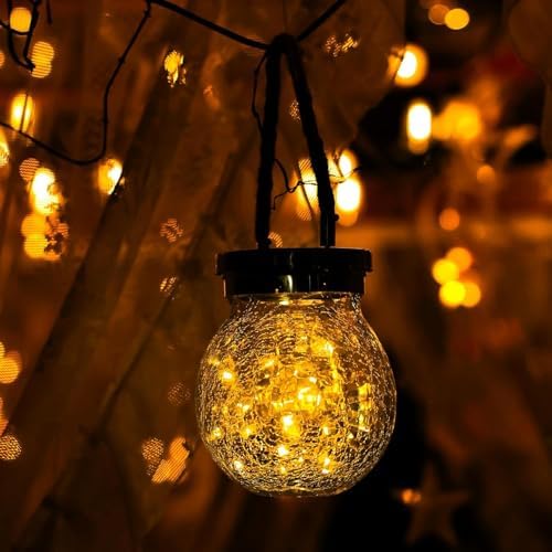 Cooo 4 Pack Gifts for Him Her Solar Lanterns Outdoor Waterproof Heavy Crackle Glass 30 LED Warm Firefly Lights Solar for Women Mom Grandma Outdoor Table Lamps Garden Yard Decor - Image 5