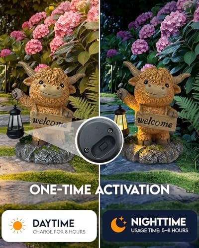 Solar Garden Statue Highland Cow, Whimsical Farm Animal Outdoor Decor with Lantern, Waterproof Resin Garden Yard Patio Gift for Mom Grandma Women - Image 3