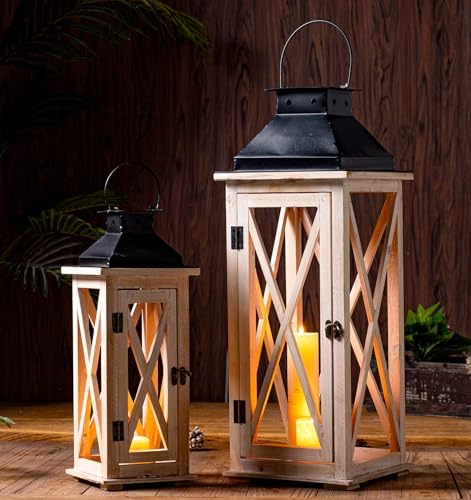 TIMRIS Large Wooden Candle Lanterns Decorative Set of 2, Rustic Farmhouse Whitewash Floor Lanterns, Indoor/Outdoor Hanging Lanterns for Home Decor (No Glass) - Image 2