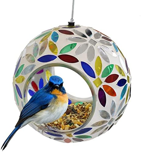 Sunnydaze 6” Rainbow Daisies Glass Mosaic Hanging Fly-Through Bird Feeder and 10” Midsummer Dahlias Solar Gazing Ball - Image 2