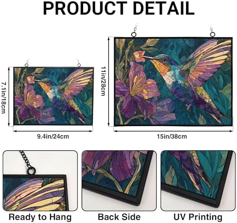 Rectangle Mosaic Hummingbird and Lavender Suncatcher Stained Glass Window Hangings for Women Mom Red Birds Sun Catchers Colorful Ornament Bird Lovers Gift Gifts for Women Mom Wife - Image 3