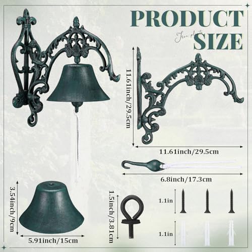 Blulu Large Outdoor Dinner Hanging Bell Vintage Rustic Cast Iron Wall Mounted Bell Heavy Duty Doorbell for Outside Front Door Garden Home Porch Decor, with Mounting Screws & Anchors - Image 2