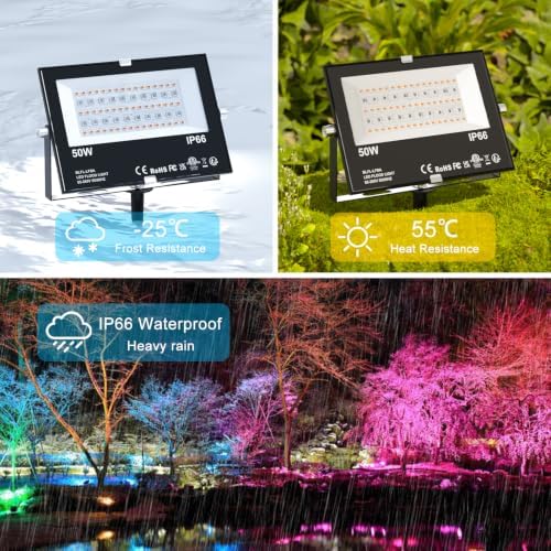 LED Flood Light Outdoor 500W Equivalent 5000LM,Bluetooth RGBW Colored Floodlight Landscape Lighting with APP Control,DIY Scenes,Timing, IP66 Waterproof,2700K,Color Changing Uplight with Ground Stakes - Image 4