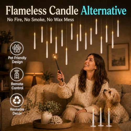 Enido 24 Pack Hanging Flameless Taper Candles with 2 Magic Wand Remotes, Battery Operated LED Floating Candles for Ceiling, Halloween Christmas Indoor Decor - Image 4