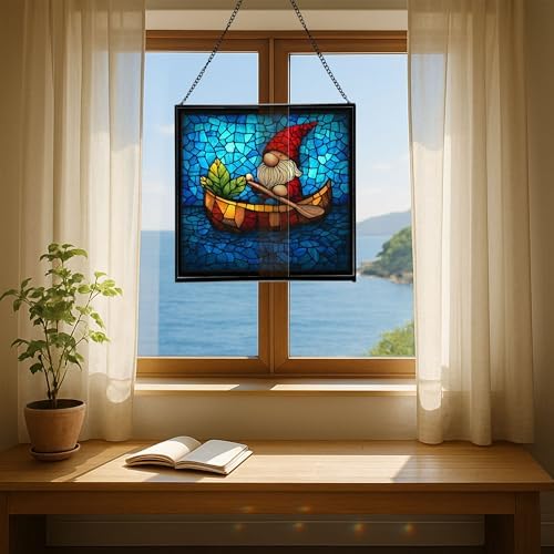 Gnome Canoe Ride Stained Glass Suncatcher – Square Hanging Window Panel for Home or Greenhouse – Whimsical Glass Art Gift for Garden Lovers, Christmas, Halloween, Father Days zv6fI0 - Image 6