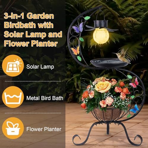 hogardeck Bird Bath for Outside with Solar Lamp, Metal Birdbaths for Outdoors with Flower Planter Pedestal, Vintage Birdbath for Garden Yard Patio Lawn Decor - Image 2