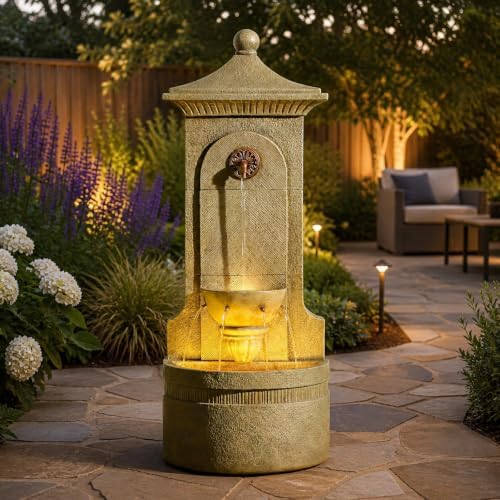 Bumilgar 42.91" H Outdoor Wall Water Fountain, Beige Vintage Pavilion Resin Cascading Fountain for Patio Garden Backyard Decor - Image 4
