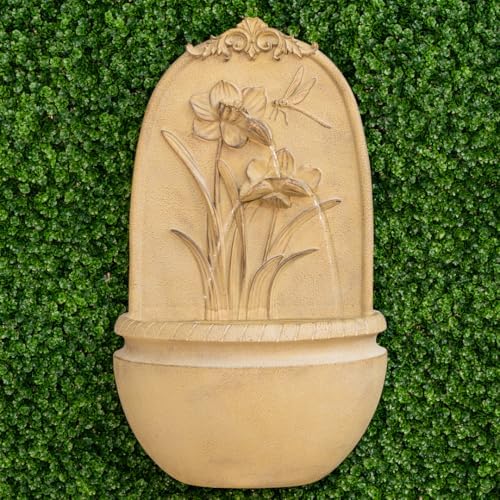 XBrand 31" in H Outdoor Wall Water Fountain with Pump- Khaki Flower with Dragonfly Design with Mesh Guard - Image 2