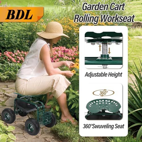 BDL Garden Cart Outdoor Rolling Garden Workseat with Wheels, Heavy Duty Garden Tool Cart with Extendable Handle and Storage for Seniors Yard Gardening Work - Image 4