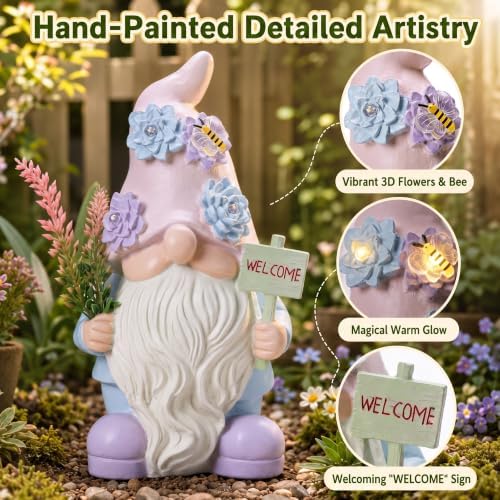 Solar Gnome with Succulent LED Lights and Welcome Sign, Lavender Garden Gnome Statue Decor for Patio, Yard, Balcony, Home, Lawn Ornaments, Birthday Gifts for Mom Women Grandma - Image 6