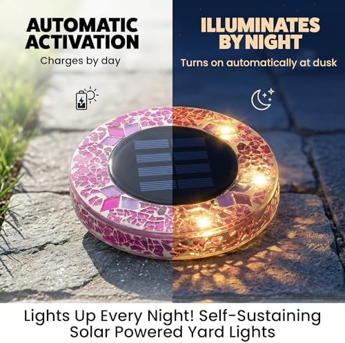 Bell+Howell 8 Pk Mosaic Solar Lights Outdoor LED Disk Pathway Lights, Pink - Image 6