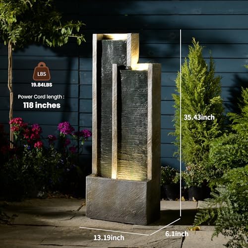35” Modern Double Column Waterfall Fountain Outdoor Garden - Image 4