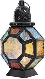 Lewondr Retro Iron Ramadan Candle Lantern, Portable Moroccan Wrought Iron Stained Glass Candle Holder Hanging Lamp Horse Light Wind Lantern for Home Decor Ramadan – Black + Colorful by Lewondr