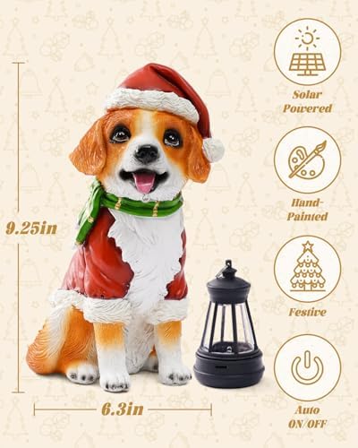 Pohabery Christmas Dog Garden Statue with Solar Lantern – Santa Dog Figurine in Red Coat & Hat, Outdoor Christmas Yard & Porch Decorations, Balcony & Lawn Decor, for Dog Lovers - Image 3