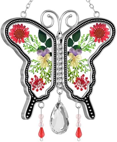 KY&BOSAM Gifts for Mom Glass Pressed Flower Butterfly Suncatcher for Window by KYBOSAM