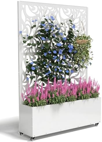 Metal Planter Box with Trellis,70.9"x47.2"x15.7" Raised Garden Bed with Drainage Holes, Privacy Planters for Outdoor Garden Bed for Climbing Plants,Vegetables,and Vines, White-Flower by FOLAWO