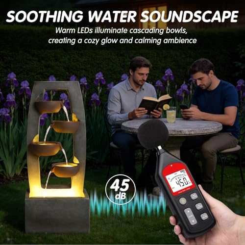 37.6" Outdoor Rock Water Fountain, Small Outdoor Fountain with Lights, 4-Tier Cascading Bowl Design Garden Water Feature, Modern freestanding Fountain for Patio Backyard Porch - Image 4