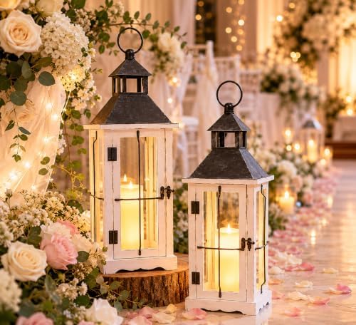 Bdor 26 Inch White Wooden Decorative Lanterns with LED Candles Set of 2 - Image 3
