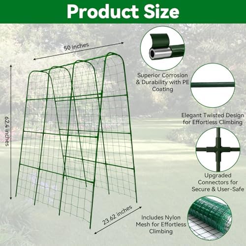 Cucumber Trellis for Raised Bed with Plastic Coated Steel Pipe-63"*50",Grn - Image 4