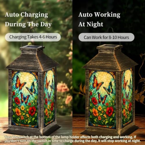 Solar Lantern Stained Glass Art Vibrant Outdoor Waterproof Garden Hanging Lantern Solar Powered Lighting Outside Solar Light for Patio Yard Camping, Gifts for Women Mom - Image 4