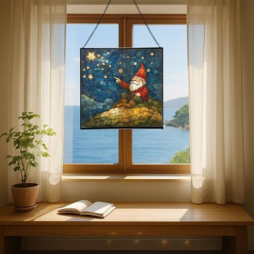 Gnome Stargazing Hill Stained Glass Suncatcher – Square Hanging Window Panel for Home or Greenhouse – Whimsical Glass Art Gift for Garden Lovers, Christmas, Halloween, Father Days CPnjtO - Image 6