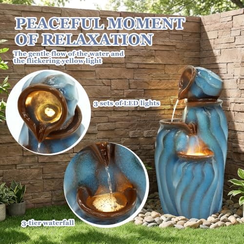 Grepatio Outdoor 4-Tiers Water Fountain, 30" H Cascading Fountain with 3 LED Lights, Outdoor Resin Fountains Waterfalls for Garden, Patio, Yard, and Deck Decor with Blue Imitation Ceramics Look - Image 2