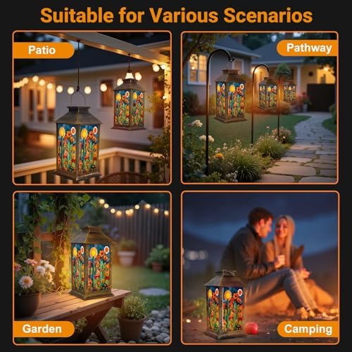 Solar Lantern Outdoor Waterproof Stained Glass Desert Scene Bright Orange Flowers Under Sunlit Sky Garden Decor LED Hanging Solar Lights Tabletop Lamp Gifts for Women Mom Outside Yard Patio Porch - Image 6