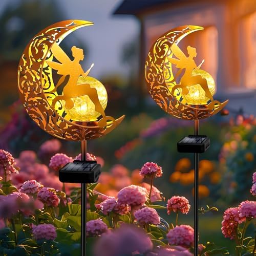 2 Pack Solar Garden Lights Waterproof, Pathway Stake Lights, Gift for Women Mom Grandma Wife Daughter, Moon Fairy Glass Globe with Angel Decor, Outdoor Decor Lights for Walkway Yard Lawn Patio Garden by YJFWAL