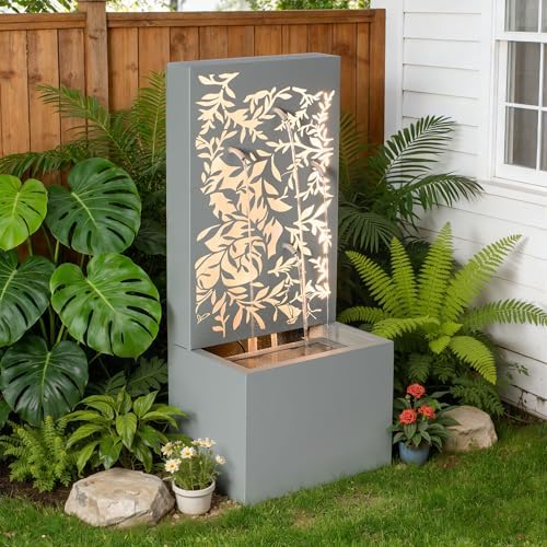 30.71" H Metal Leaf Cutout Water Wall Fountain with LED Lights, Light Gray - Image 5