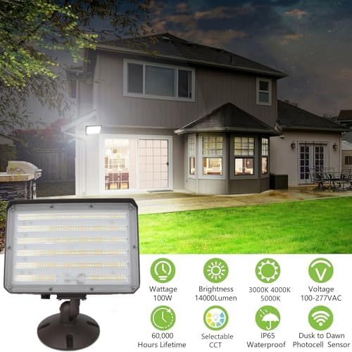1Pack-Dusk to Dawn Outdoor 100W LED Flood Light with Knuckle&Plate, 3000K/4000K/5000K Color Selectable, 14000LM 1000W Equiv., ETL Commercial LED Floodlight, Outdoor Security Lighting for Parking Lot - Image 2