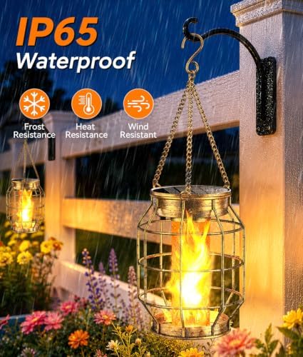KOOPER Solar Lanterns Outdoor Waterproof, 4 Pack Upgraded Flickering Flame Hanging Solar Lights Outdoor Decorative, Metal Outdoor Hanging Lantern for Yard Patio Garden Decor, Gift for Mom (Bronze) - Image 4