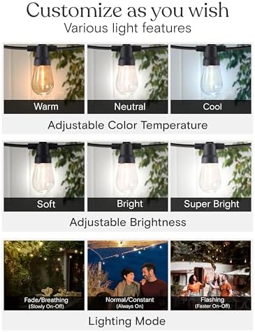 Brightech 48 (42+6) FT Ambience Pro Outdoor Solar String Lights - Bright Remote Control Color Adjustable Solar Light - Commercial Grade, 15 Waterproof LED Bulbs for Patios, Camping, Yard, Outside - Image 5