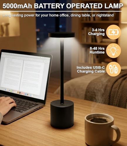 Swinerton Black Cordless Table Lamp, Rechargeable 5000mAh Battery Powered Wireless Table Light, 3 Color Dimmable Lighting, Patio Outdoor Table Lamp, Bedside Night Lamp, Ambient Light for Dining - Image 2