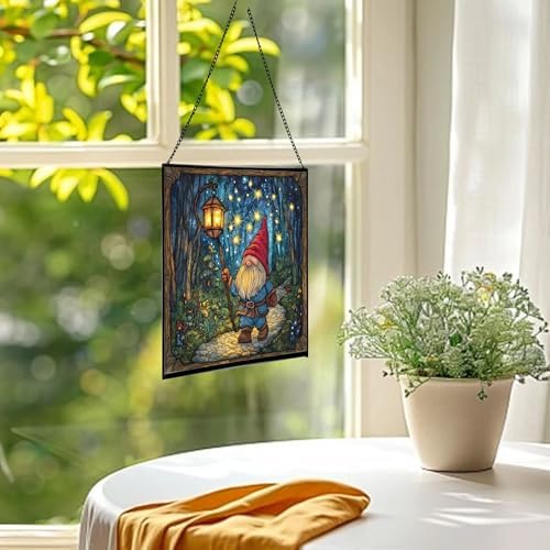 Starglow Gnome Trail Stained Glass Suncatcher – Square Hanging Window Panel for Home or Greenhouse – Whimsical Glass Art Gift for Garden Lovers, Christmas, Halloween, Father Days HMrBzf - Image 3