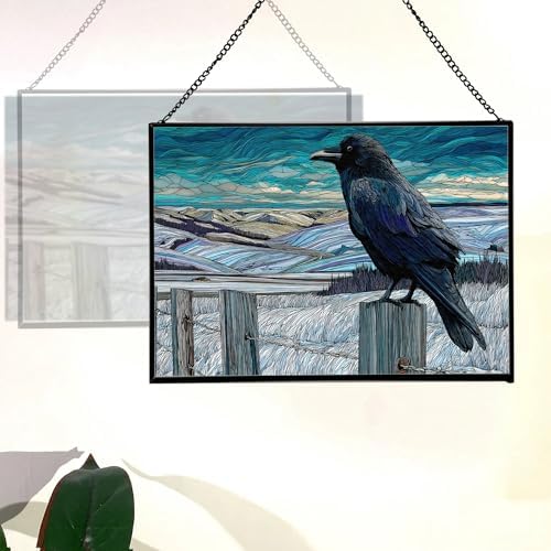 Raven Sitting on Frosted Fencepost Rectangular Stained Glass Suncatcher – Hanging Window Panel with Animal & Nature Scene – Vibrant Glass Art Gift for Wildlife, Fantasy, Nature Lovers Icuccc - Image 3