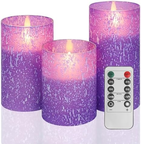 Purple Flameless Candles With Remote LED Battery Operated Candles Set of 3 by Mingfuxin