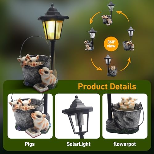 Outdoor Pigs Statues Solar Sculptures with Solar Lights and Flowerpot Funny Garden Decor Animal Figurines Resin Outdoor Statues for Patio Yard Lawn Balcony Gifts - Image 2