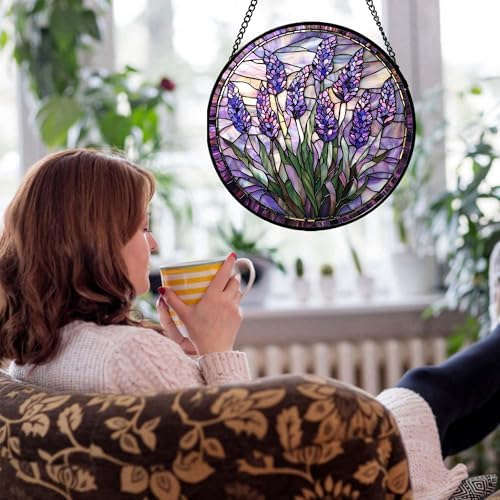 Stained Glass Window Hanging - Purple Flowers Suncatcher for Door Terrace Garden Home Decor Lavender Plant Floral Sun Catcher Birthday Gifts for Lovers Women Men Dad Mom Nana 9.8 in - Image 2