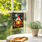 Gnome Pumpkin Lantern Stained Glass Suncatcher – Square Hanging Window Panel for Home or Greenhouse – Whimsical Glass Art Gift for Garden Lovers, Christmas, Halloween, Father Days YYOCot - Image 3