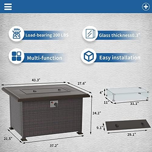 43" Wicker Outdoor Propane Gas Fire Pit Table with Rectangle Fire Pit Lid,55000 BTU Auto-Ignition Table Fire Pit w/Glass Wind Guard, Glass Rock for Outdoor,ETL Certified - Image 3
