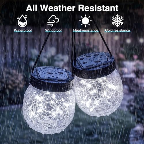 Kolpop Solar Lanterns Outdoor Waterproof 12 Pack, Hanging Solar Lights with 28 LED, Cracked Glass Hanging Globes for Garden Patio Fence Yard Christmas Tree Decoration, Cold White - Image 3