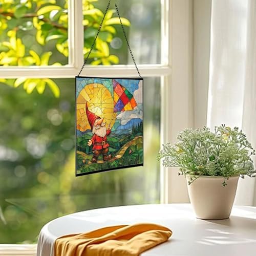 Kite String Gnome Stained Glass Suncatcher – Square Hanging Window Panel for Home or Greenhouse – Whimsical Glass Art Gift for Garden Lovers, Christmas, Halloween, Father Days 82ELcz - Image 3