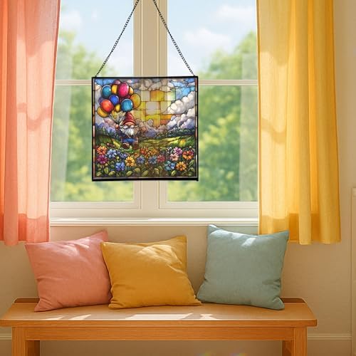 Gnome Balloon Festival Stained Glass Suncatcher – Square Hanging Window Panel for Home or Greenhouse – Whimsical Glass Art Gift for Garden Lovers, Christmas, Halloween, Father Days ifExoe - Image 5