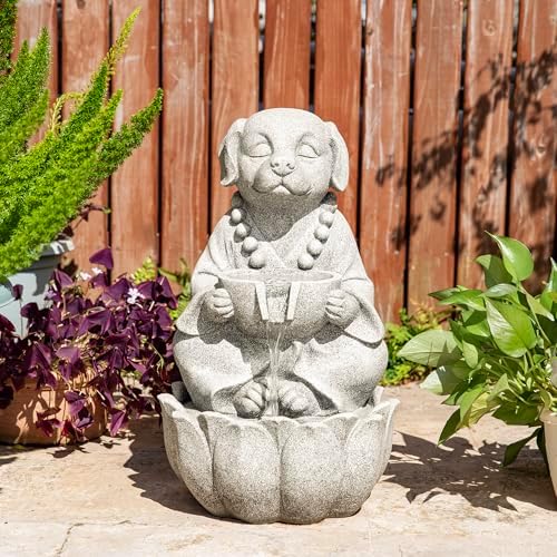 Glitzhome Water Fountain Outdoor, Outdoor Fountain with Lights&Pump, 22" H 2-Tiered Concrete Dog Statue Zen-Style Water Fountain Polyresin Water Feature for Home Patio Garden Backyard Decor - Image 2